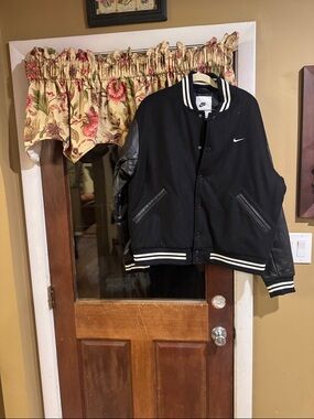 Nike Black and White Leather-Sleeve Bomber Jacket